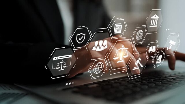 Professional hands typing on laptop with a holographic legal interface, icons of justice, law, and technology representing modern legal services Gluon.