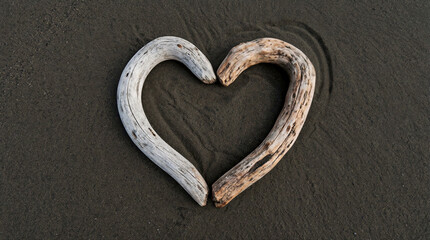 Obraz premium Heart shape formed by two smooth driftwood pieces, one worn smooth and one rough, resting on dark sand
