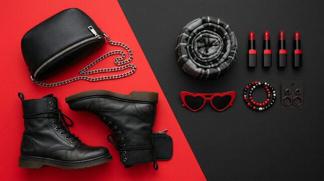 Edgy Gothic Fashion Accessories Flat Lay Featuring Black Combat Boots, Red Heart Sunglasses, and Makeup on Split Red and Black Background