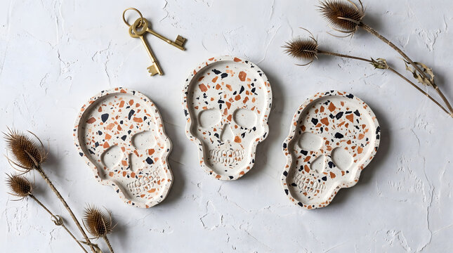 Handmade terrazzo jesmonite skull trinket trays arranged with brass skeleton keys and dried teasel flowers on textured white plaster background for modern Halloween dark academia decor