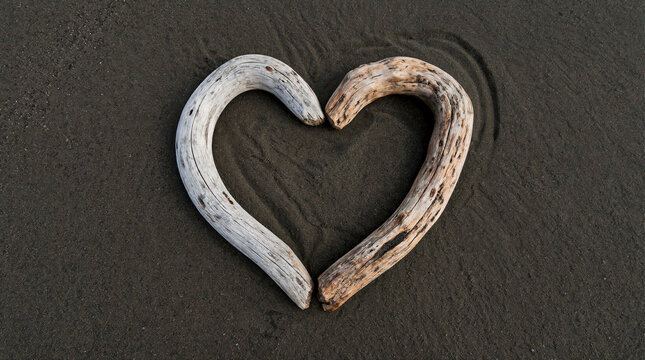 Heart shape formed by two smooth driftwood pieces, one worn smooth and one rough, resting on dark sand