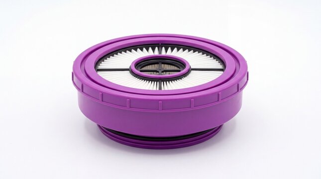 Circular purple vacuum cleaner replacement filter with pleated white paper elements resting on white background