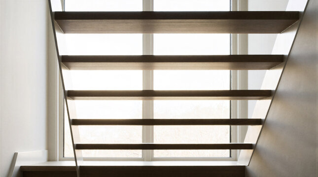 Modern interior architecture featuring pale oak open riser stairs with slim white steel stringers climbing before a bright window