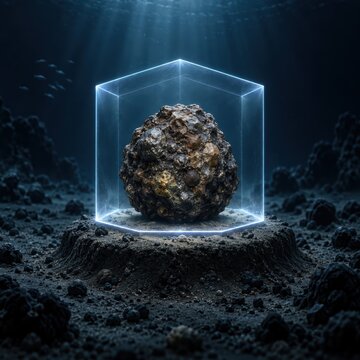 Benthic baseline survey featuring nodule inside glowing glass cube