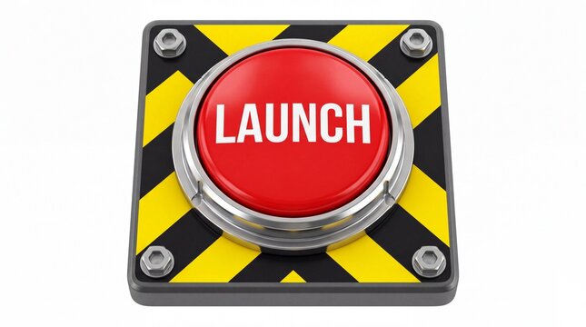 Red glossy launch button with hazard striped metal plate and bolts presented on white background