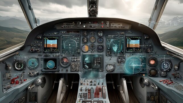 Modern Aircraft Cockpit with Advanced Technology and Control Panels against Scenic Landscape Background