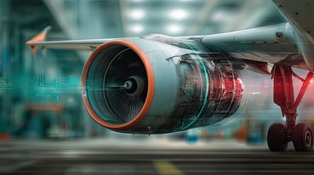Detailed View of Aircraft Engine with High-Tech Elements in Aviation Maintenance Environment