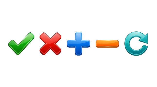 Glossy colorful web interface icons including green check mark red cross mark blue plus sign orange minus button and cyan refresh arrow symbols