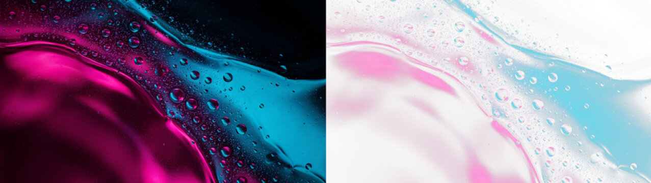 Abstract background with liquid waves and water droplets in vibrant pink and cyan neon colors, split screen composition with dark and light variations isolated on transparent background