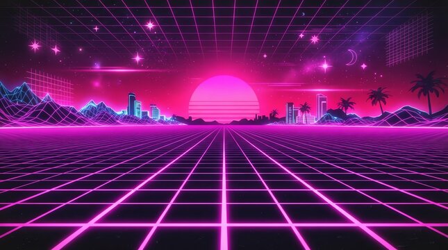 Retro synthwave landscape with neon grid and sun