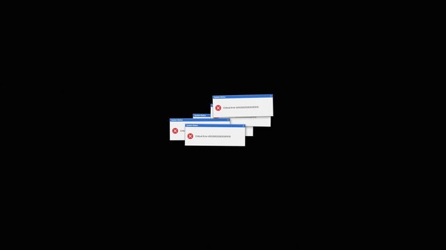 Animated cascade of critical error pop up windows multiplying across white screen, retro system crash, computer virus and software failure concept loop