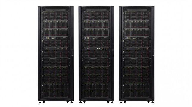 Three large black metal server racks standing in a row for data storage on white background