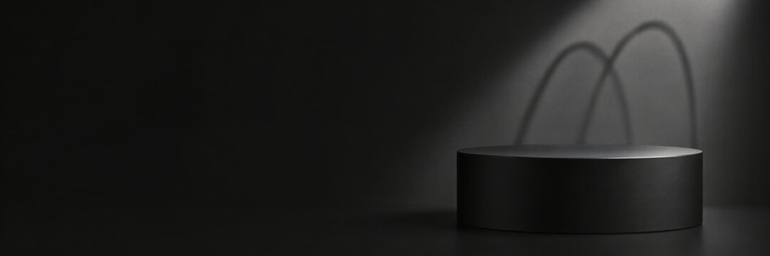 Black cylinder podium on dark background with dramatic light and arched shadows. Black Friday big sale concept. Online shopping. Empty template for product presentation. Banner with copy space