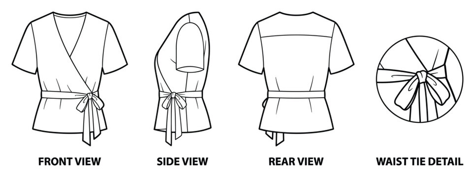 Wrap top blouse front side rear waist tie detail for women's fashion.