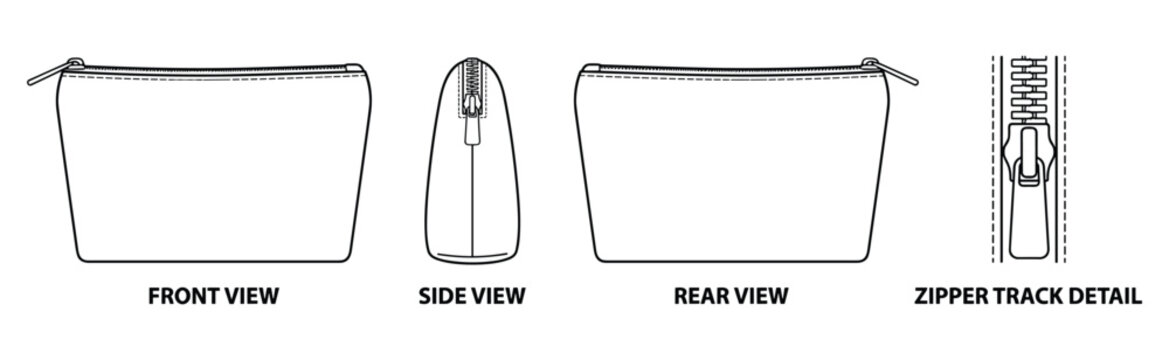 Zippered pouch vector illustration front side rear views with zipper track detail.