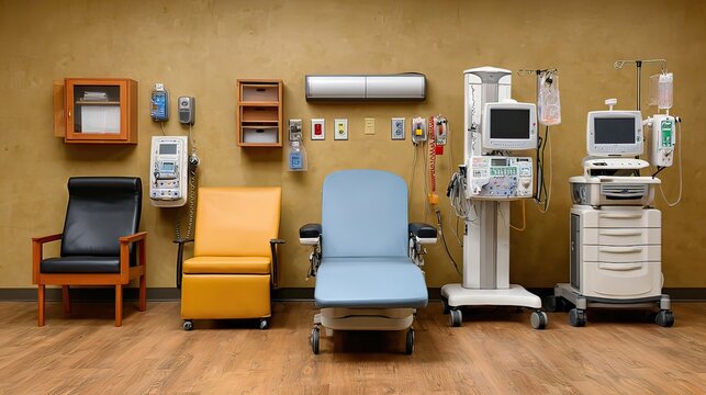 Modern Hospital Room Featuring Medical Equipment, Examination Chairs, and Healthcare Technology for Patient Care