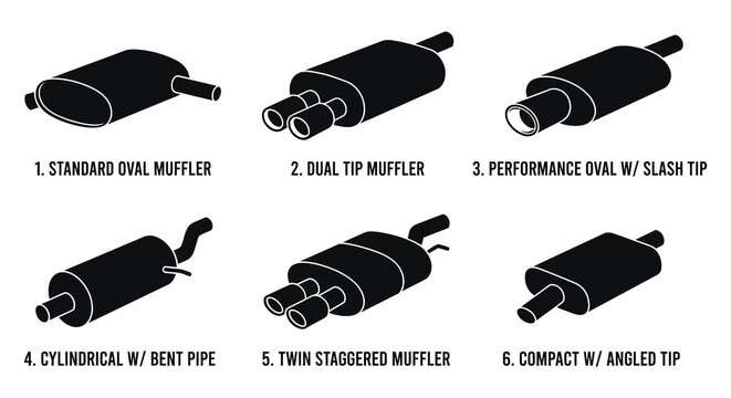 Six black silhouette exhaust muffler designs on a white background