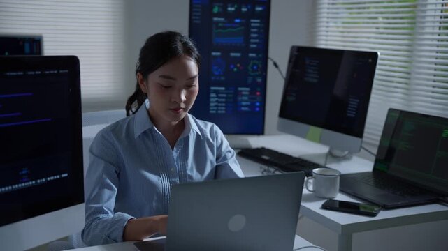 Asian female developer coding and programming on laptop computer working late at night in her office with multiple monitors