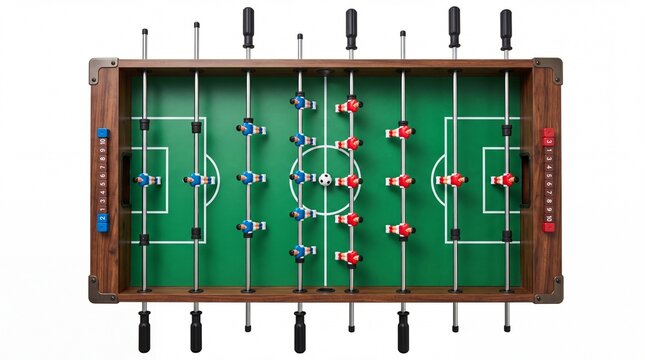 Professional wooden foosball table showing colorful plastic players during competitive soccer match game on white background