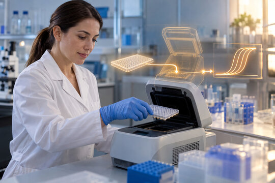 Scientist loading plate into thermal cycler
