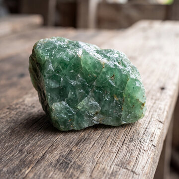 Raw Green Jade Stone on Wooden Surface for Jewelry Making.