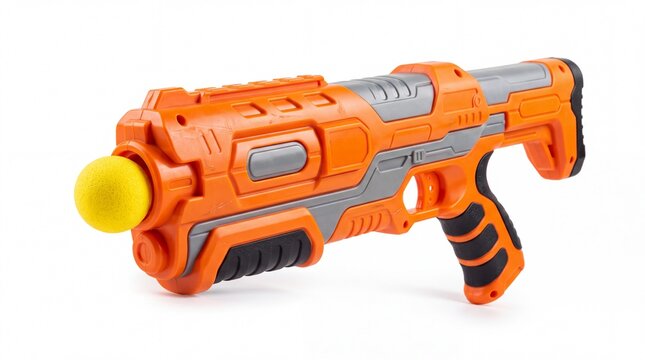 Bright orange plastic toy blaster with yellow foam projectile isolated against a clean simple on white background