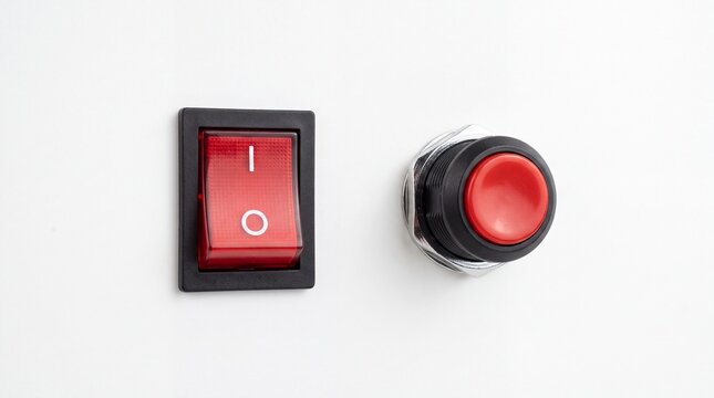 Rectangular red power rocker switch and circular push button electronic components isolated on white background