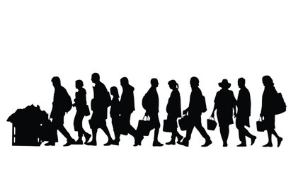 Obraz premium Silhouettes of diverse people walking in a line carrying shopping bags and packages against a clean white background illustrating a busy retail crowd during a seasonal shopping event sale.