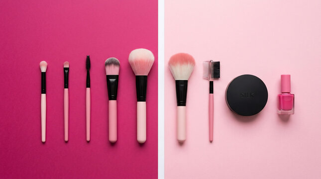 A vibrant flat lay showcases a variety of makeup brushes and cosmetics arranged on a split pink and magenta background, highlighting beauty essentials