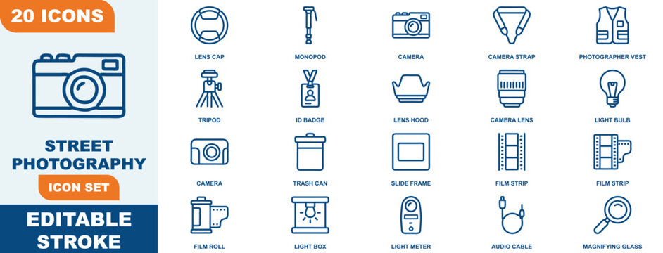 Street icon set featuring 20 blue outline of cameras, lenses, tripods, strips, and gear monopod