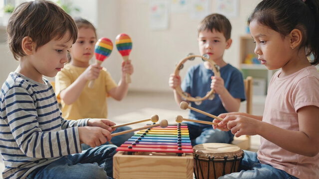 Children play musical instruments together in a bright classroom during early childhood education class.
