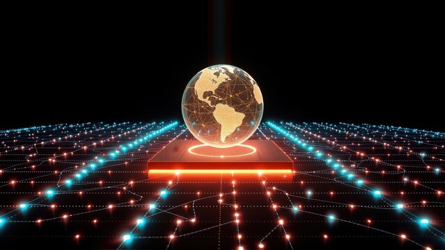 Globe rests upon glowing platform. Network lines extend outward, creating digital landscape. Futuristic concept, global connectivity visualized.