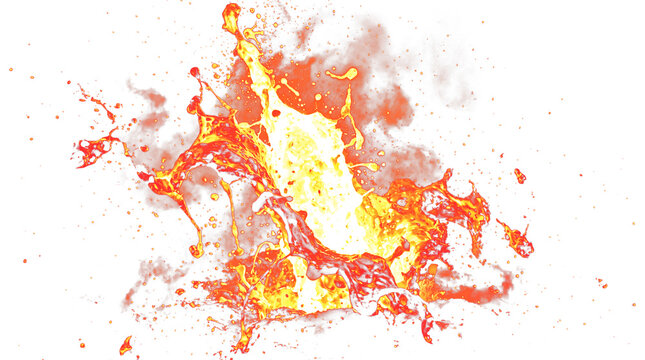 Vibrant orange and red fire explosion liquid splash with smoke and sparks, isolated on transparent background, 3D render for game VFX, posters, and digital media design.