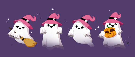 Obraz premium Cute Witch Ghost Characters Halloween Clipart Set. Coquette Halloween ghost character collection wearing white and pink witch hats in different poses and expressions clip art on purple background 