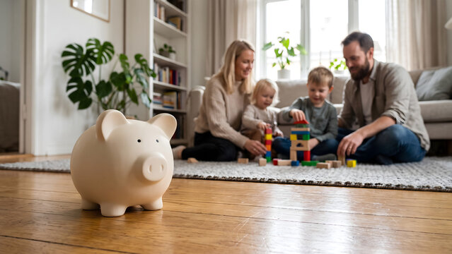 Happy young family with children sitting in background while piggy bank stands in foreground symbolising savings and financial planning for future
