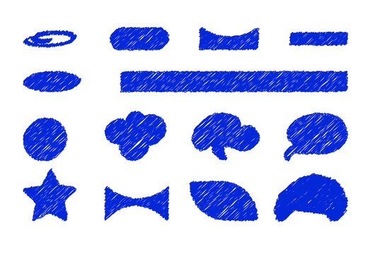 Set of hand-drawn blue scribble shapes, doodle speech bubbles, banners, and frames isolated on a transparent background