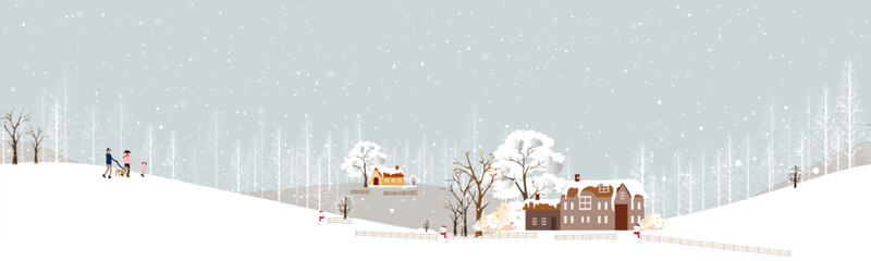 Obraz premium Seamless winter Christmas landscape with snow, forest, village houses and family, festive holiday countryside background with snowy trees,Vector illustration seasonal nature New Year 2027 banner