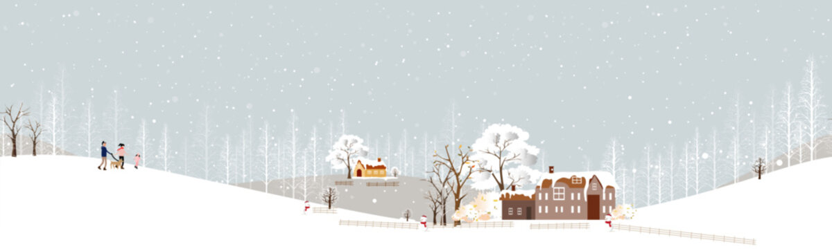 Seamless winter Christmas landscape with snow, forest, village houses and family, festive holiday countryside background with snowy trees,Vector  illustration seasonal nature New Year 2027 banner