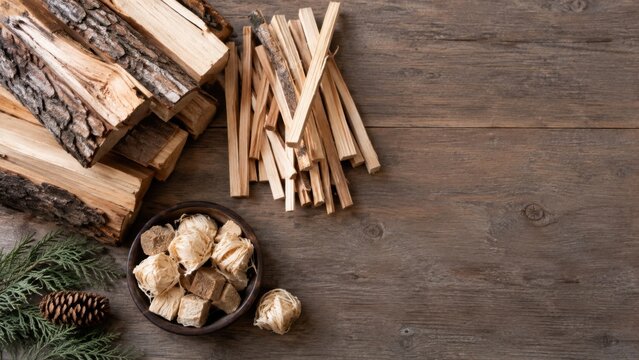 Firewood Kindling and Natural Fire Starters with Copy Space