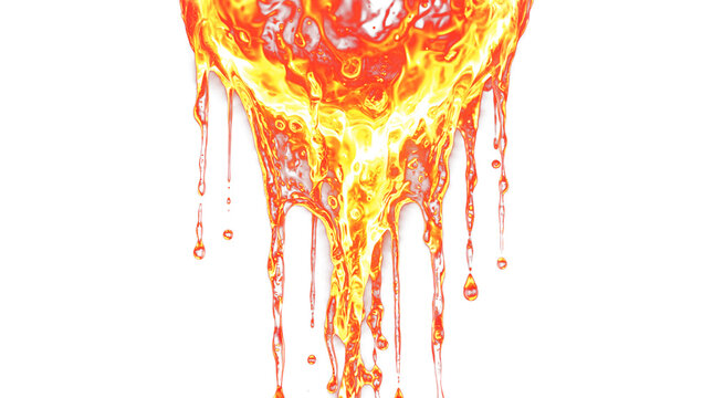 3D rendered liquid fire flames dripping down with orange and yellow glow, isolated on transparent background, perfect for web design, poster templates, and social media graphics.