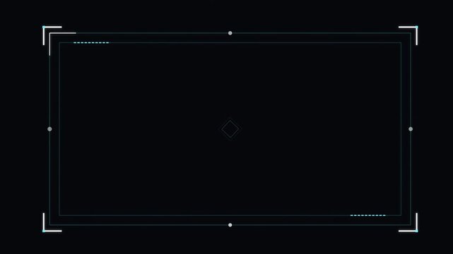 Futuristic digital camera viewfinder HUD interface overlay with glowing blue and white lines, tracking corner elements, and focus points on a dark background for motion graphics and video editing.