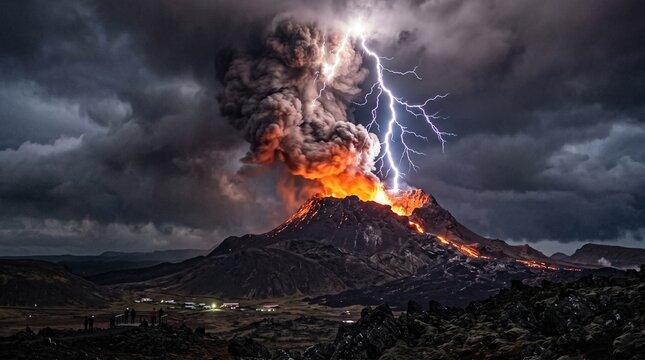 Volcanic Eruption with Glowing Lava Ash Cloud and Volcanic Lightning Generative AI