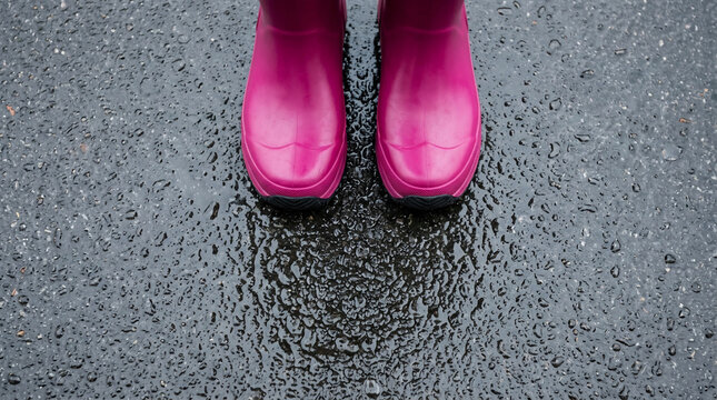 Person wearing vibrant pink waterproof wellington boots standing on wet pavement after rain