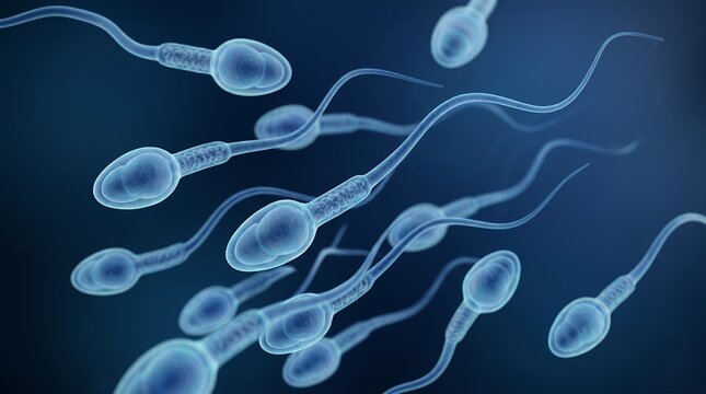 Microscopic sperm cells swimming in blue fluid, human reproductive biology concept, medical illustration of male fertility and conception