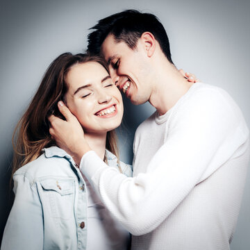 Love. Young couple hugs, have fun and vibing together , polaroid film style. Togetherness, family, relationship