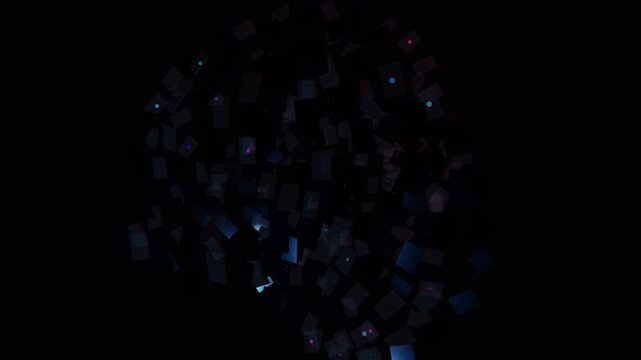 Abstract motion graphics featuring floating rectangular fragments and glowing particles in shades of pink and blue, gracefully drifting against a deep black background for a modern digital feel.