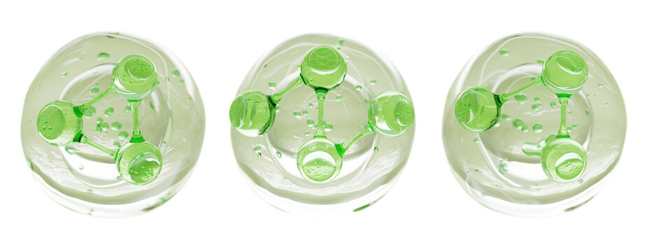 Green collagen drops 3d set with molecule inside. Bio cosmetic liquid balls of PDRN peptide serum, aloe vera gel, olive oil cleanser, herbal skin care cream. Biotech lab research