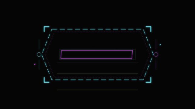 Futuristic digital HUD interface element featuring glowing neon cyan and magenta geometric lines, hexagonal frame, and tech callout graphics isolated on black background for sci-fi motion design.