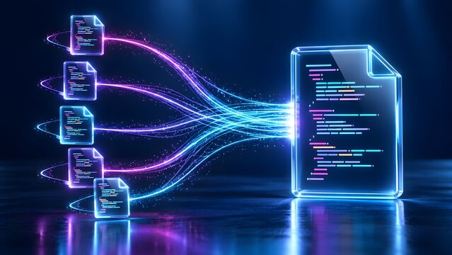 Multiple digital document icons compiling into a large master file through glowing fiber optic lines representing data aggregation