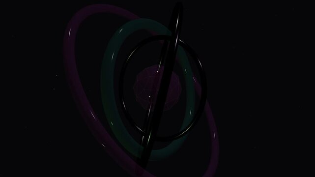 Abstract 3D motion graphic featuring glossy interlocking rings rotating around a central core against a dark background. Scientific visualization of an atom or gyroscope with neon reflections.